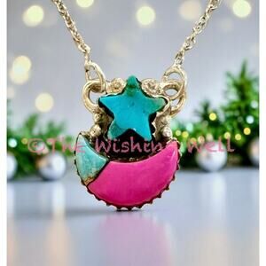 Cotton Candy Turquoise Star & Moon Sterling Necklace 18-20”